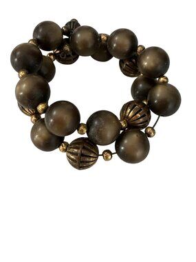 Chunky Brown Beaded Wire Bracelet Antiqued Bronze Boho Statement Jewelry